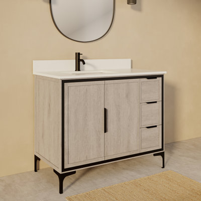 Thayer Solid Wood 42" W X 22" D Single Sink Bathroom Vanity In Silvered Gray With Stealth Organizer And Engineered Stone Top