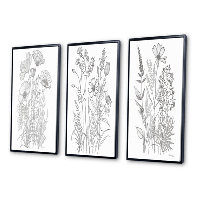 " Minimal Wildflowers Drawing Black On White I " 3 - Pieces