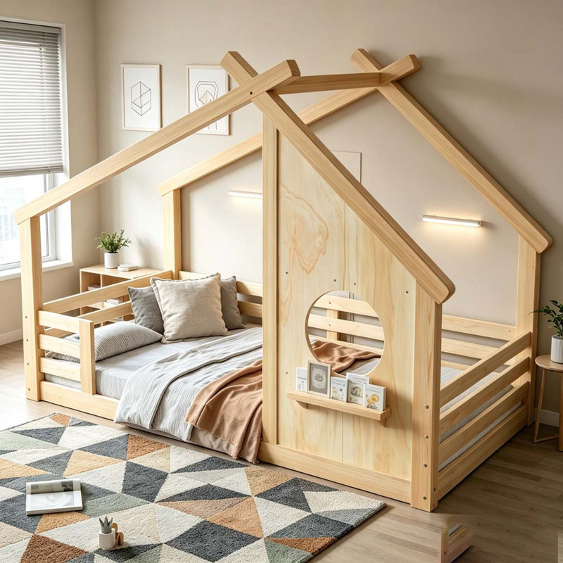 Lit House House avec fenêtre et petite tablette, Naturel, Full