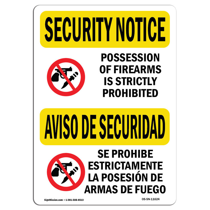 Osha Security Notice Sign - Possession Of Firearmsprohibited, 18" H x 12" W x 0.1" D