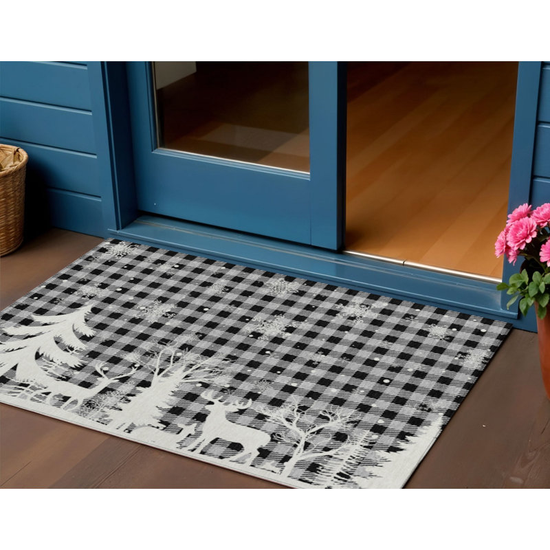 Tapis extérieur lavable à carreaux gris et noir 3 pi x 5 pi ivoire