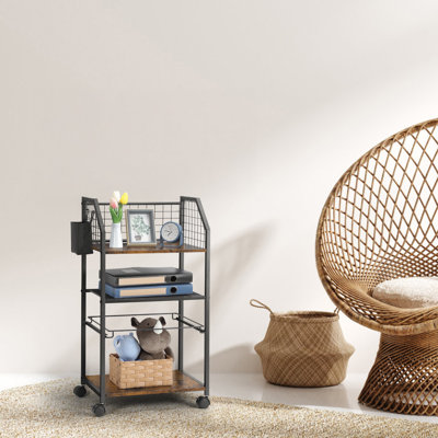 Chariot de rangement roulant à 3 niveaux avec structure en métal, tablettes en bois et pochette de rangement à crochets - Organisateur mobile pour la cuisine, la salle de bain, le bureau, le salon