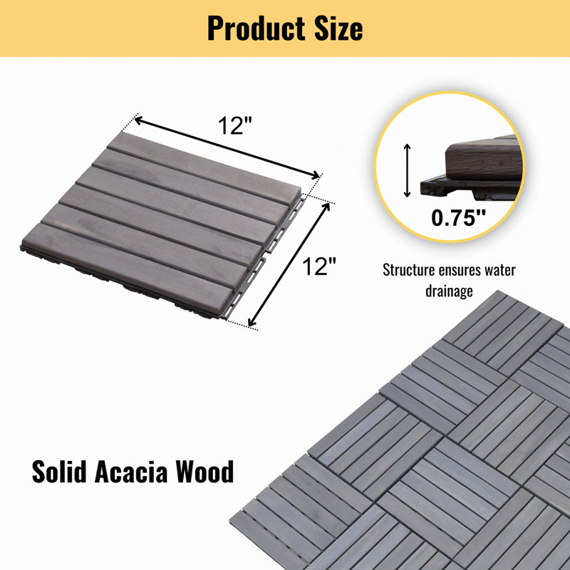 30 tuiles de terrasse à motif à rayures imbriquées, plancher carré en bois franc d'acacia 12 po x 12 po pour terrasse, banc, bord de piscine