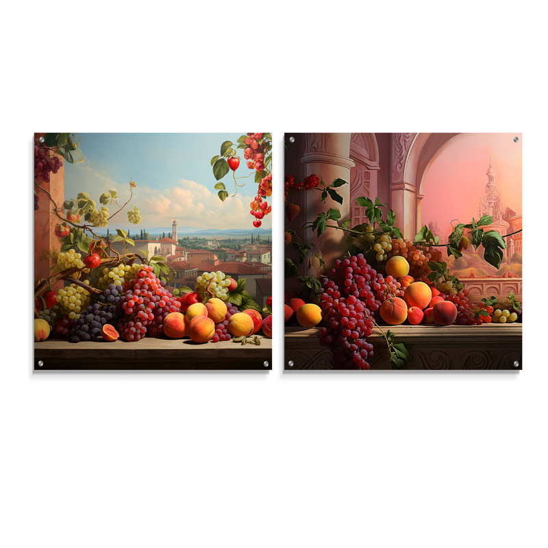 Ensemble de 2 verres à vin en forme de fruits sur bois, H 16 po x l 33 po