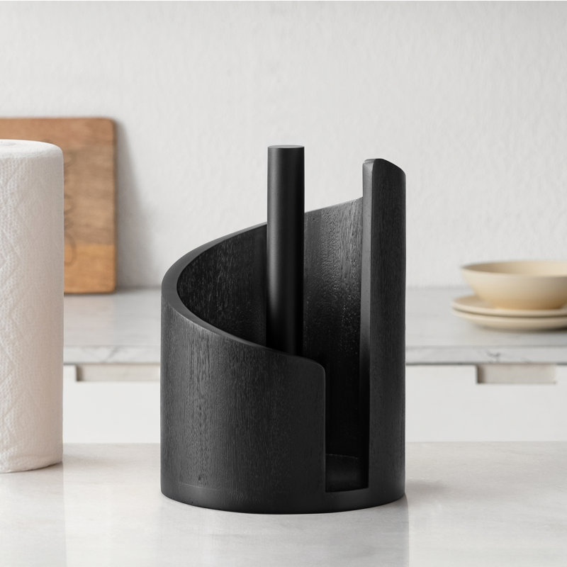 Wooden Paper Towel Holder with Top Load Space Design for Kitchen and Table Decor, Anti Skid Base, Eco Friendly Mango Wood & Metal Rod - Black / Black