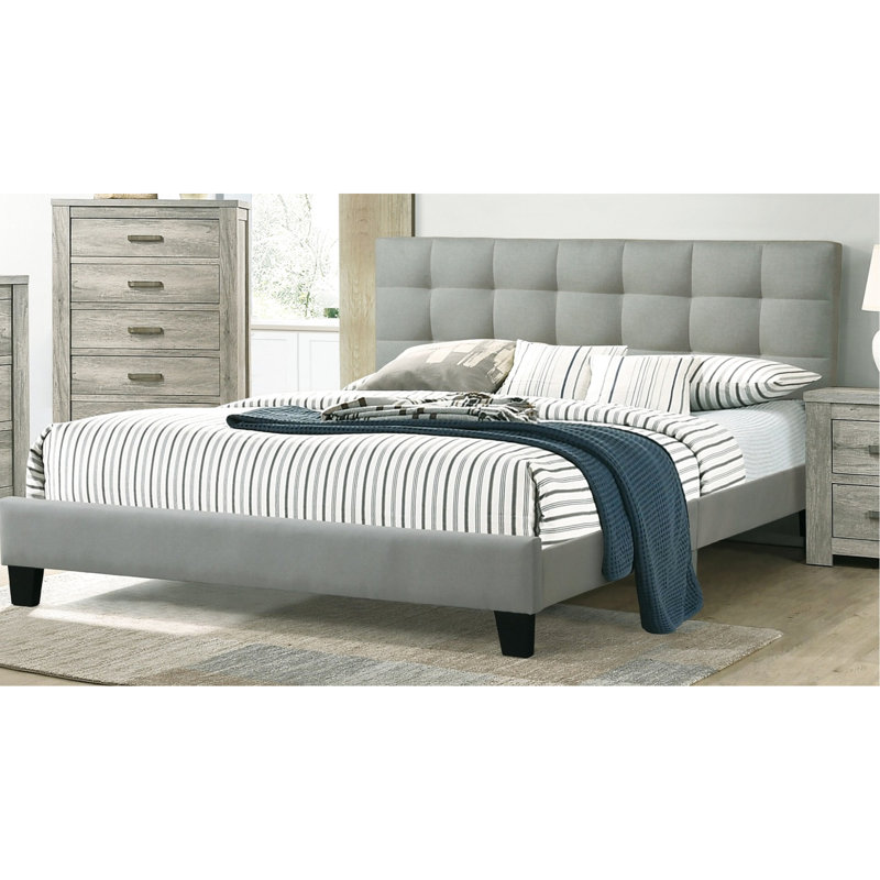 Lit double gris avec tête de lit et base en bois, Gris clair