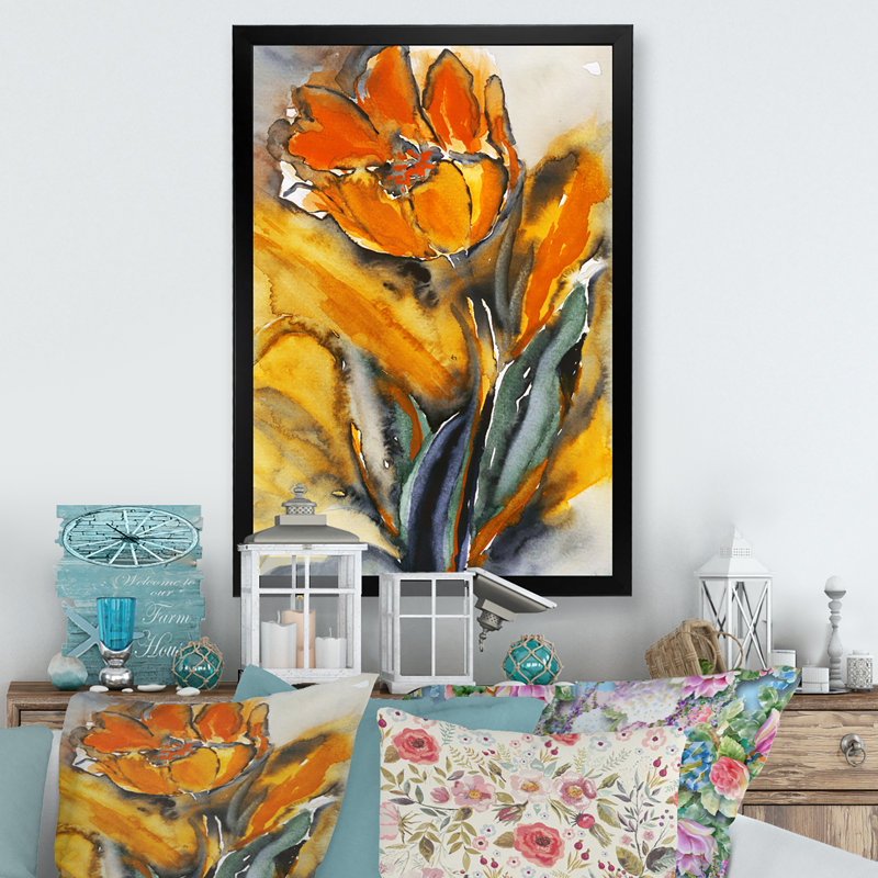 Fleur de tulipe jaune grunge - reproduction sur toile, Cadre noir, H 20 po x l 12 po