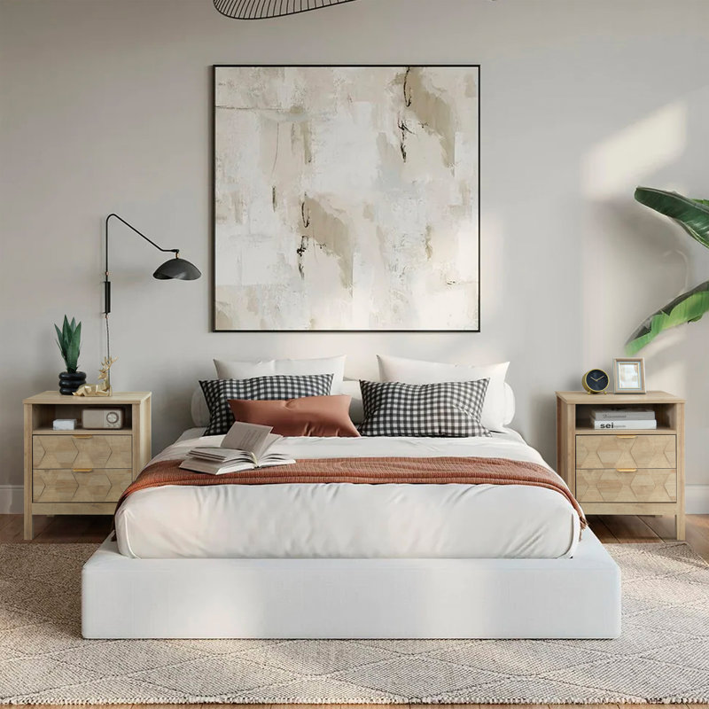 Nordic 2 Drawer Set Of 2 Nightstand, Bedside Table With Storage Drawers, Night Stand For Bedroom, End Table Or Side Table For Living Room, 15.5" D X 18.9" W X 24" H, Beige