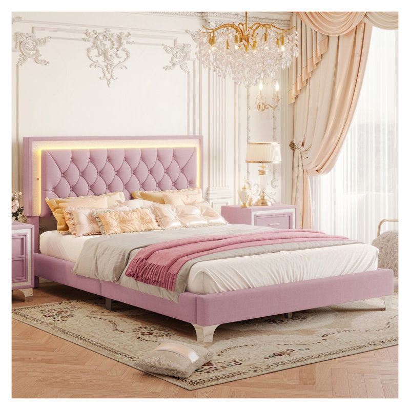Grand cadre de lit tapissier grand avec lumières DEL, lit plateforme moderne en velours avec tête de lit capitonnée, rose - aucun sommier nécessaire