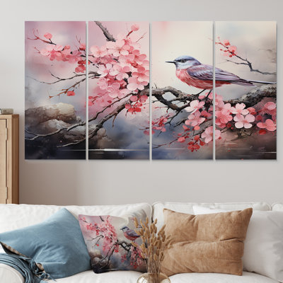 Pink And Blue Birds On Cherry Blossom Tree III - Bird 4 Piece Wall Art For Living Room