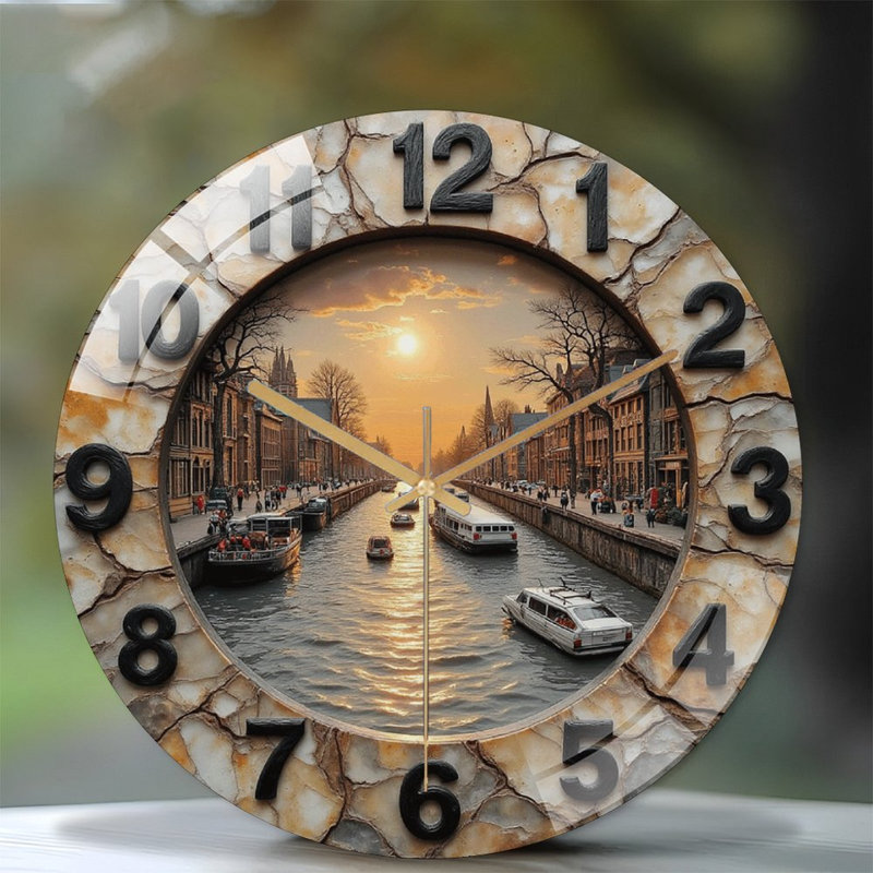 Horloge murale rétro vintage avec vue panoramique sur le canal - Horloge murale moderne en verre 12 po