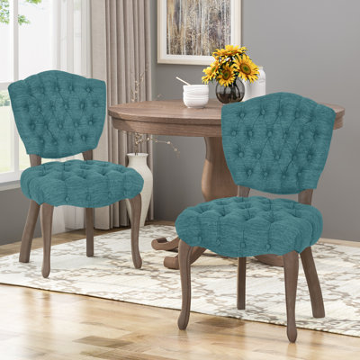 Chaise 2 kd en tissu bleu sarcelle - chaises de salle à manger élégantes avec finition patinée et pieds en bois d'hévéa de 2 sièges rembourrés de style rétro