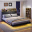 Floating Queen Bed Frame With LED Light And Bookcase Storage Headboard Queen Size Upholstered Platform Bed With Charging Station ,No Box Spring Needed,Easy Assembly, Black+Rustic