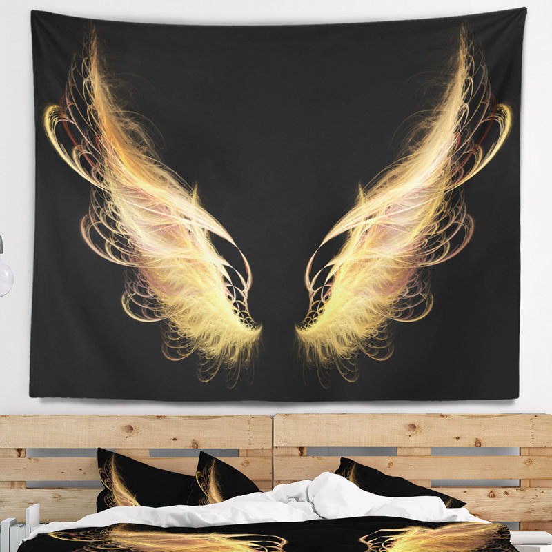 Ailes d'ange doré sur tapisserie noire, H 32 po x l 39 po