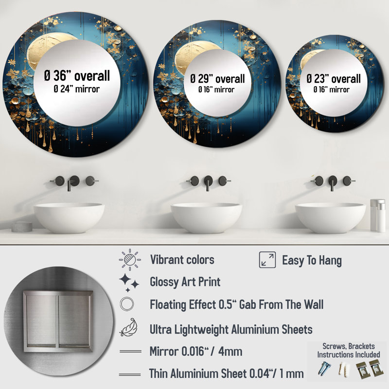 Décoration murale lune bleue et dorée Cerulean Cycle Dreams IV - Miroir rond lune_MTMIR116216, 29 po x 29 po
