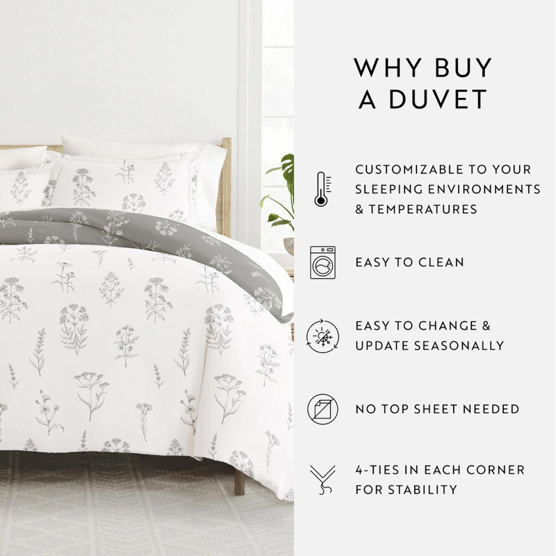 Ensemble de housse de couette en microfibre à motif floral ultra doux, Housse de couette simple + 1 taie décorative stan