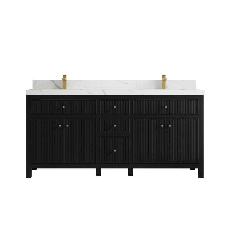 72'' Double Bathroom Vanity with Top, Black, Calacatta Laza