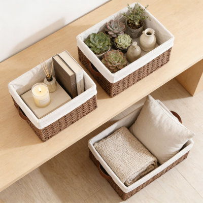 Hand-Woven Wicker Storage Baskets Set Of 3 With Handles, Decorative And Stackable Organizing Bins For Bathroom, Shelves, Closet, And Home Decor