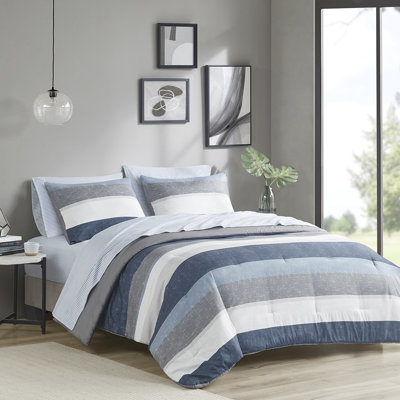 Blue/Grey Twin Bedding With Stripe Comforter. Microfiber Sheets. Filling. Comforter, Shams, Flat Sheet, Fitted Pillowcases. Fits Up To 14" Mattress. Washable. . Casual Bedroom Style Comforter Sheets