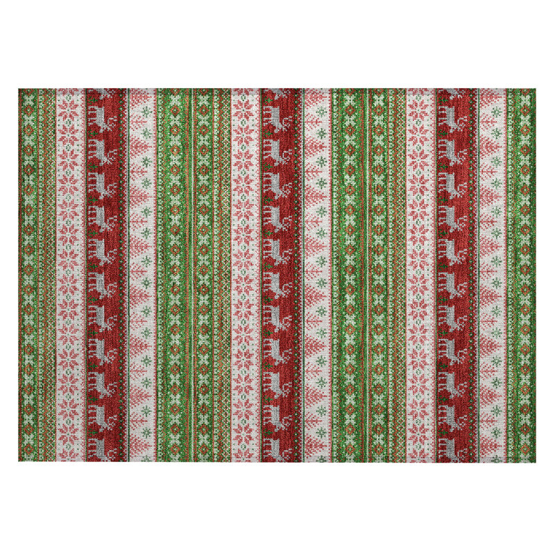 Machine Washable Indoor/Outdoor Christmas Reindeers Xhevrie Green Rug, Rectangle 1'8" x 2'6"
