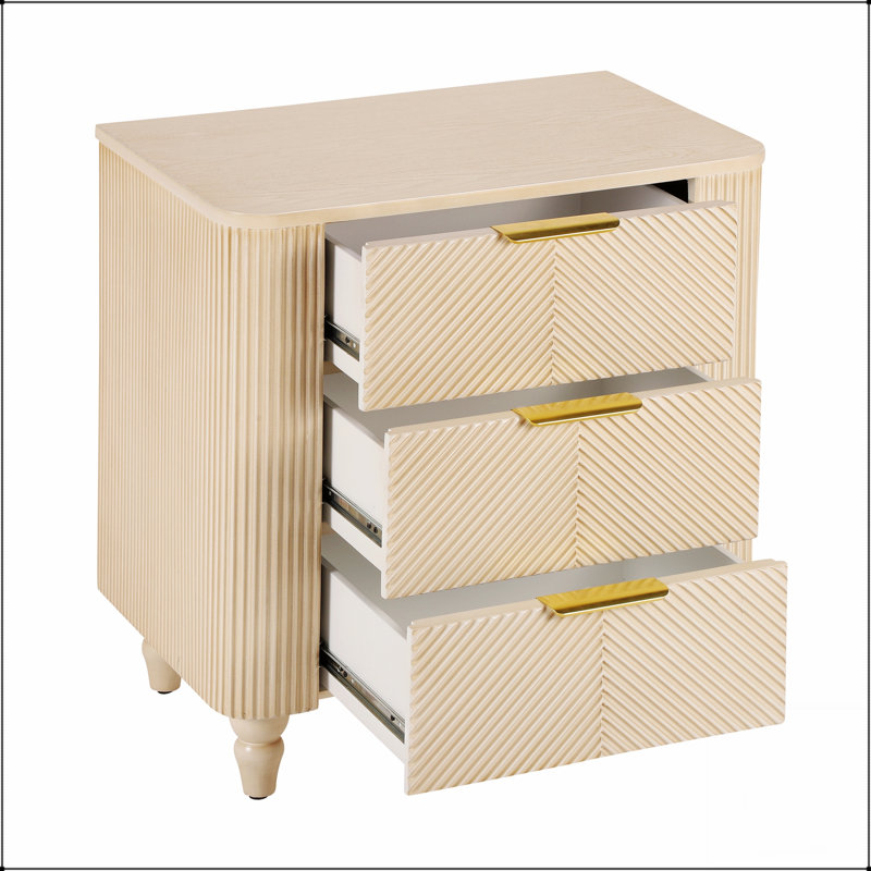 Table de chevet à 3 tiroirs Mid-Century cannelée, table de chevet avec profil incurvé et larges poignées lustrées dorées pour les maisons modernes
