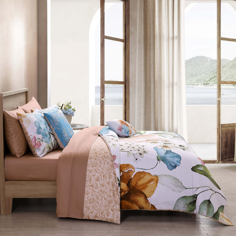 Maia King Blue Cotton Floral Reversible Comforter Set