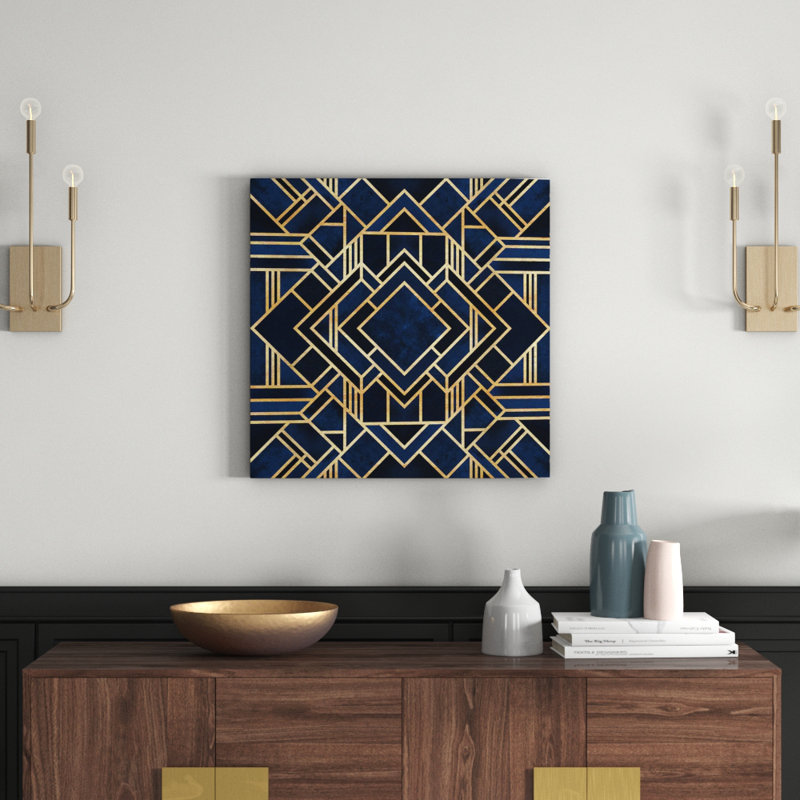 Art Deco III by Elisabeth Fredriksson - Print on Canvas, 30.48 cm H x 30.48 cm W, White Floater Framed, Dark Blue/Gold