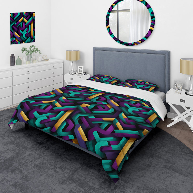 Ensemble de housse de couette en microfibre verte et mauve Green and Purple Groovy Grid Adventure IV
