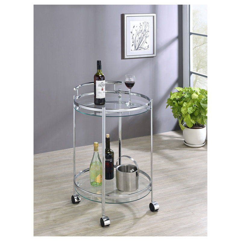 Chariot de bar Osborne avec tablette en verre chromé, desserte roulante ronde et contemporaine avec roulettes verrouillables