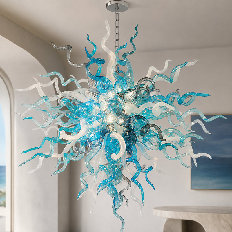 Lustre sculptural en verre bleu et blanc de 71 cm (28 po) de largeur avec chaîne réglable