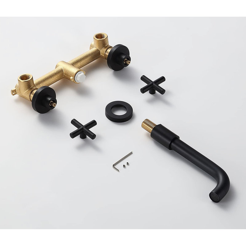 Matte Black Double Handle Wall Mount Bathroom Faucet - To Rust, Corrosion, Scratches, Tarnish, And Spots 1.5 Gallons Per Minute Flow 8'' Spout Height, 7'' Reach 3'' Centers Deck Plate, Drain