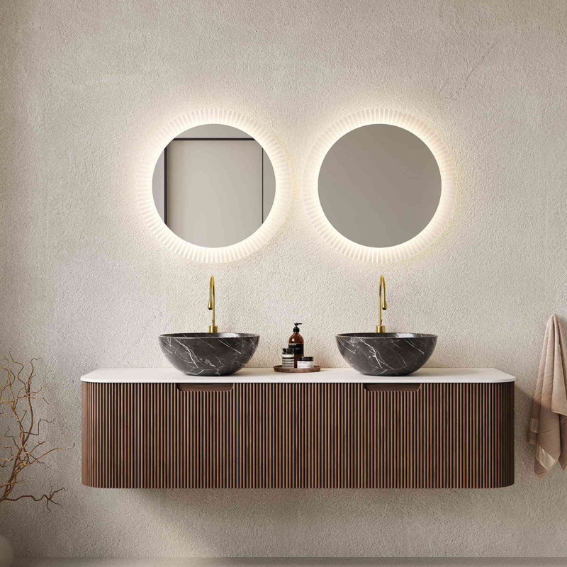 Meuble-lavabo de salle de bain 60 po avec lavabos, armoire de rangement murale à bords arrondis flottants et rayés avec 2 tiroirs, 2 cuves en céramique noires avec motif de pierres, pré-assemblé
