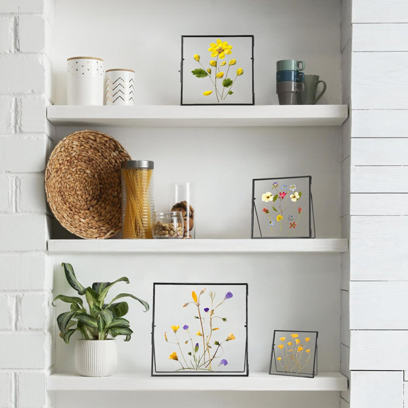 Double Glass Frame For Pressed Flowers Handmade, Tabletop Photo Frame For Floating Picture And Flower Press, Simple, Metal Geometric, Square