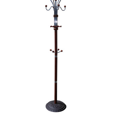 73" Tall Chrome And Wood Coat Rack, Cherry Finish