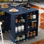 Îlot de rangement roulant pour cuisine avec lumières à DEL, prises de courant, porte en verre cannelé et rangement de grande capacité, prises bleu marine