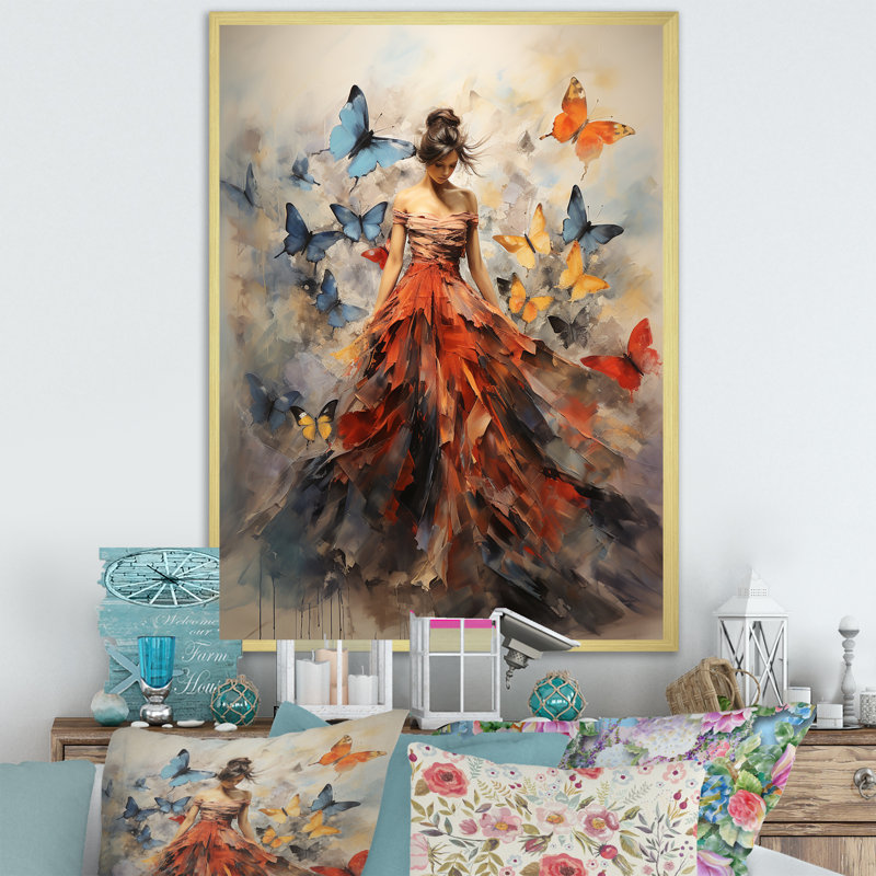 Papillon et femme dansant I - art mural papillon, H 40 po x l 30 po, Cadre photo unique, Doré