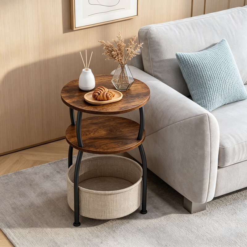 Table d'appoint ronde avec panier de rangement, petite table de bout compacte de 15,75 po, table de chevet à 3 niveaux pour le salon, la chambre à coucher, le jardin et le canapé