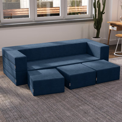 Shontae Boneless Zipline Convertible Compression Sleeper Sofa, Three Ottomans, & Pillows / California King-Size Bed, Textured Microvelvet