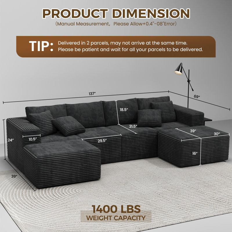 137" Comfy Cloud Couch, Modular U Shaped Sectional Sofa With Chaise And Ottoman, Deep Gray Corduroy