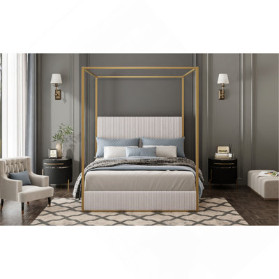 Lit à baldaquin Queen Luxury 4-Berceau en métal avec tête de lit haute capitonnée en velours côtelé et finition dorée, beige