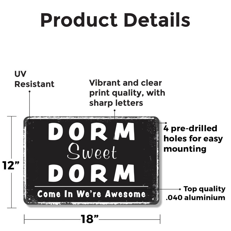 Enseigne de fantaisie en aluminium 12 po x 18 po Dorm Sweet Dorm, H 12 po x l 18 po x P 0,1 po, Vert