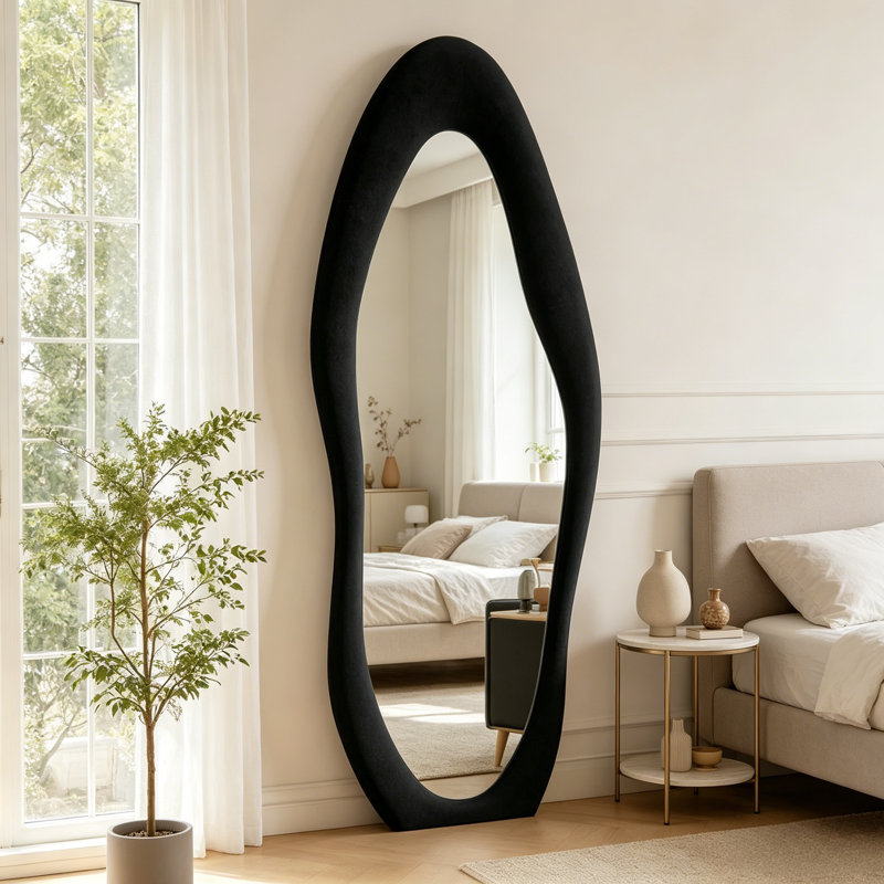 Black "Light Luxury" Irregular Full-Length Mirror — 63×24 Inches; Soft Flannel-Wrapped Frame; Wall-Mountable Or Leaning (With Stand); Dressing Mirror
