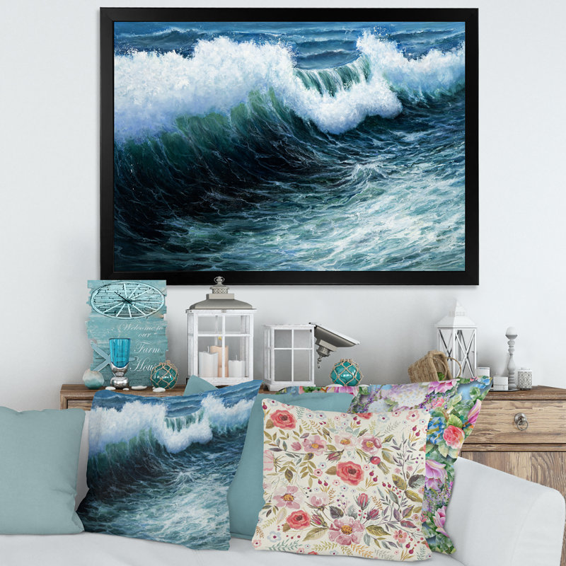 Tempête de vagues dans l'océan - Peinture sur toile, H 24 po x l 32 po x P 1 po, Cadre noir