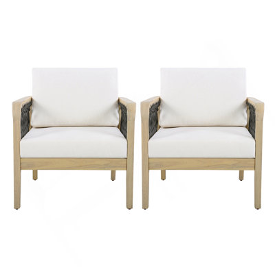 Fauteuil club d'extérieur en bois d'acacia avec corde tissée à la main (ensemble de 2), finition teck clair