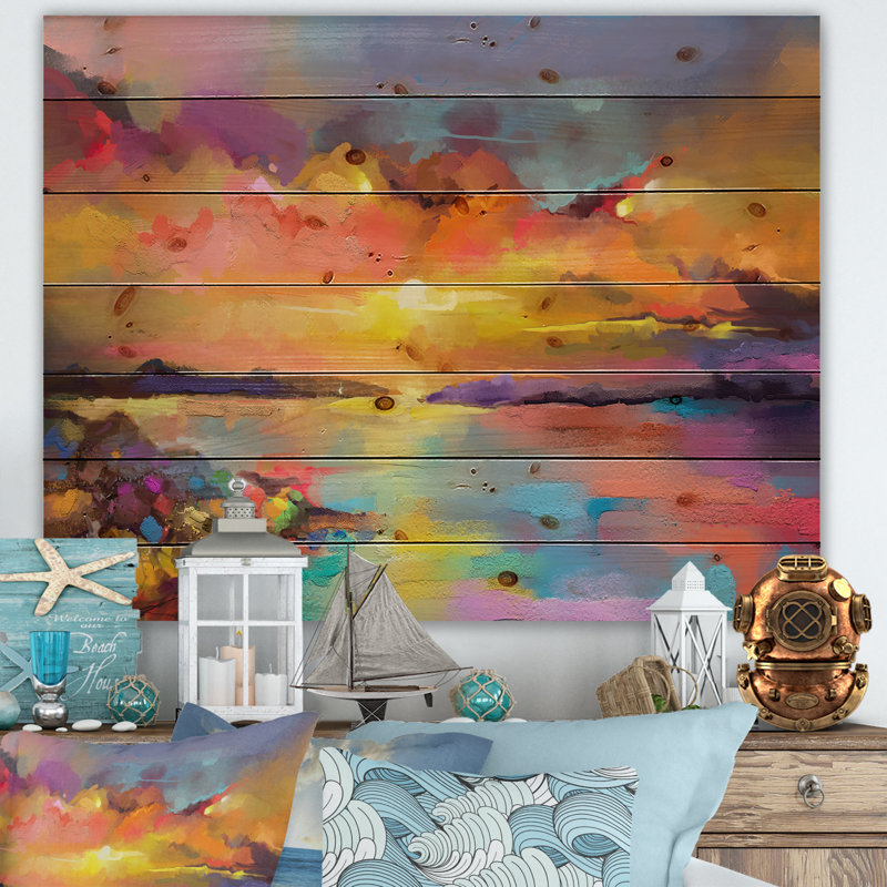 Coucher de soleil avec des reflets colorés I - Reproduction d'art sur bois sans cadre, H 34 po x l 44 po x P 1,5 po