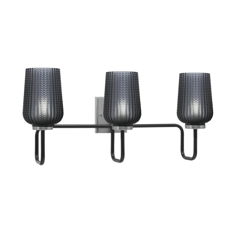 Barre d'éclairage de salle de bain 3 lumières Amarmula, noir mat et finition graphite, verre texturé fumé 5 po, Noir / nickel