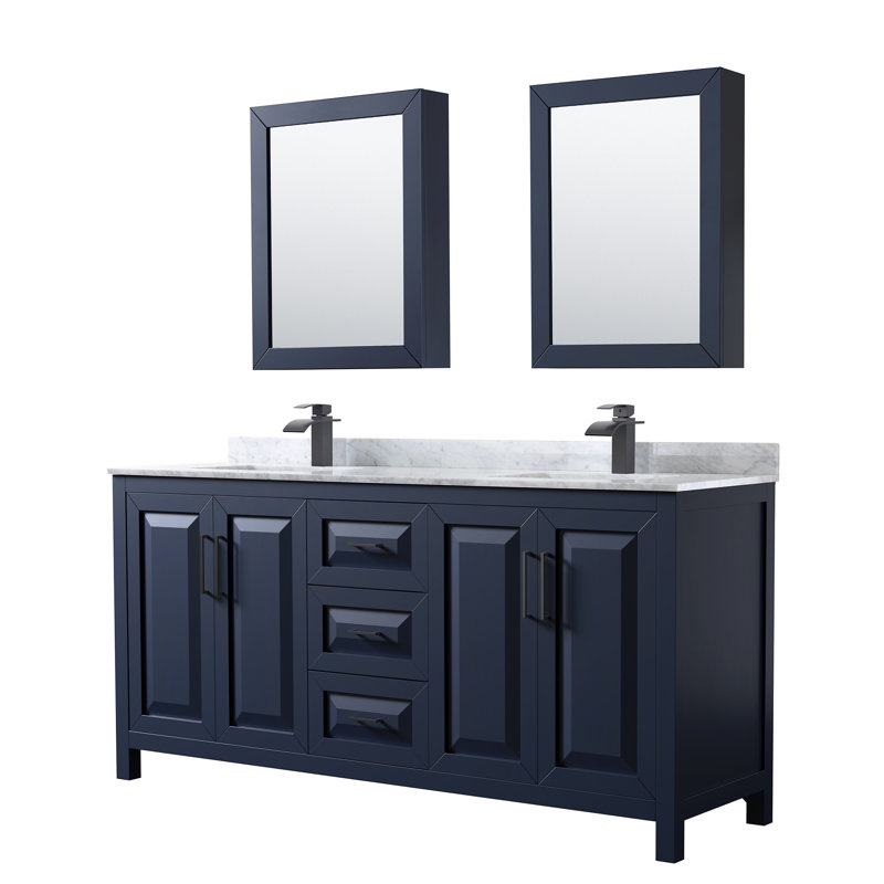 Daria 72'' W Double Vanity, Dark Blue, White Cultured Marble, Matte Black