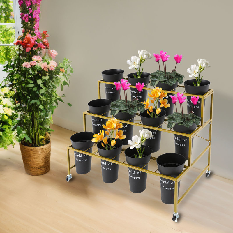 Présentoir à fleurs en métal avec roulettes