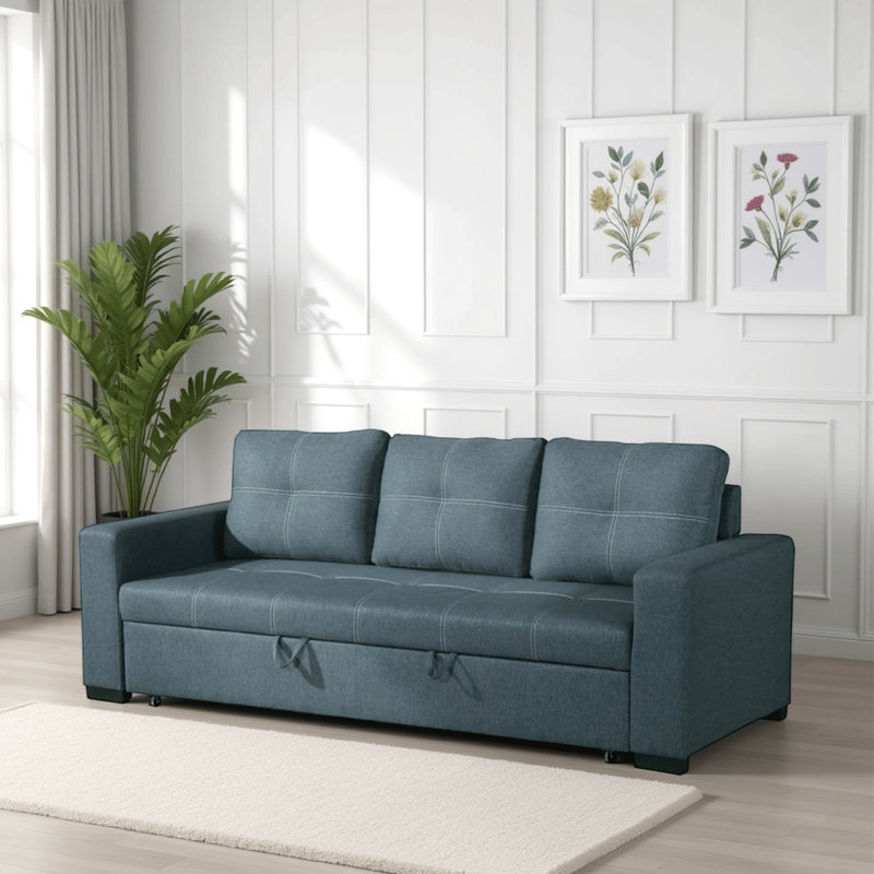 Hollins 85'' Upholstered Convertible Sofa, Blue Gray Linen