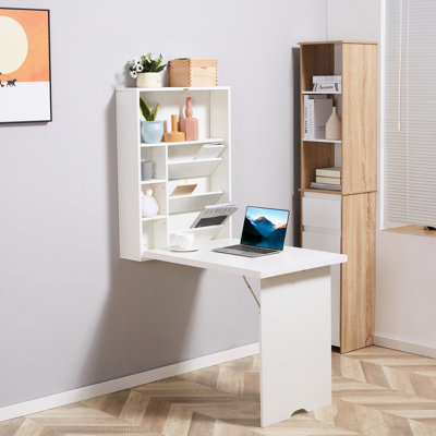 Bureau mural blanc avec rangement et tablette polyvalente pour bureau. Espace et ordinateur idéal, bureaux d'écriture
